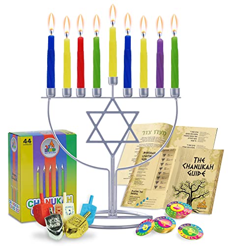 Ner Mitzvah Menorah Set for Hanukkah - Jewish Star Hanukkah Menorah Set - Sleek Wireframe Menora, Chanukah Candles, Dreidels, Play Coins, & Hanukkah Guide