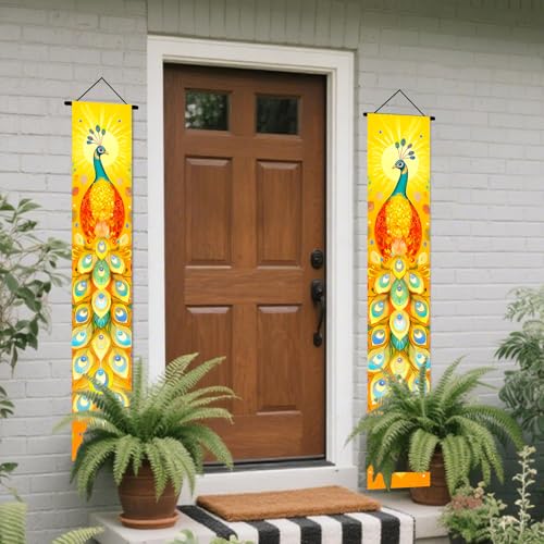 Image of Nuxovilar Peacock Outside Front Door Banners 12x71 Inches Polyester | Tropical Porch Sign, Hanging Decor Elegant Animal Banner, Feather Peacock Accent Patio, Porch, Entryway (Peacock Art)
