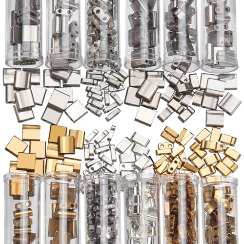NBEADS About 468 Pcs 3 Sizes 2-Hole Beads 3 Colors 1/4 Half 5x5mm/5x2mm/51mm Mini Japanese Glass Seed Beads for Bracelet Necklace Earring Jewelry Making