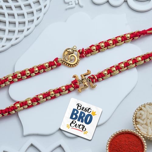 Image of eCraftIndia Om Lord Ganesha Swastika Rakhi Set of 2 | Rakhi for Brother Bhaiya Bhai with Best Bro Ever Fridge Magnet | Roli Chawal Pack