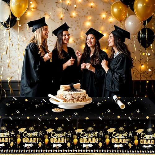 Image of KatchOn Graduation Tablecloth - XtraLarge 54x108 Inch, Pack of 3, Graduation Decorations 2026 | Black and Gold Congrats Grad Tablecloth | 2026 Graduation Table Decorations, Grad Party Supplies