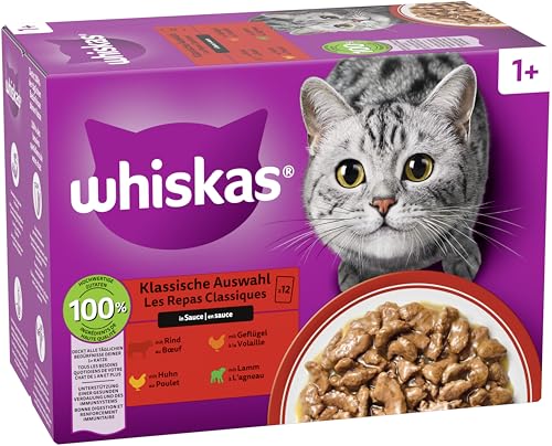 Whiskas 1+ Katzennassfutter Klassische Auswahl in Sauce, 12x85g (4 Packungen) – Hochwertiges Nassfutter für ausgewachsene Katzen in 48 Portionsbeuteln