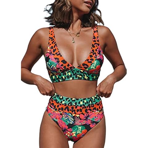 Hilinker Women's Leopard Bikini Swimsuits V Neck High Waisted 2 Piece Bathing Suits, Coral, Large Cover
