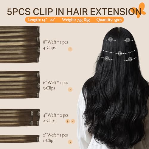 Image of DOORES Clip in Hair Extensions Human Hair, 5pcs 75g Balayage Chocolate Brown to Honey Blonde 14 Inch Real Human Hair Extensions Clip in Remy Hair Extensions Silky Straight
