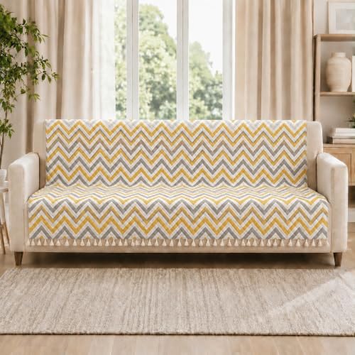 Image of Velvet Quilted Sofa Armrest Covers (Pack of 2) | Yellow Zigzag | Anti-Slip Soft Washable Arm Covers with Tassels | 24 x 27 Inches