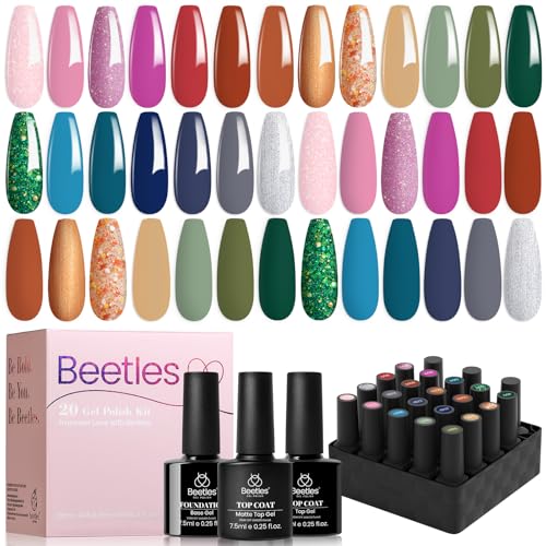Beetles - Juego de 23 esmaltes de uñas de gel de 20 colores, verde, rojo, azul, purpurina, dorado, marrón, rosa, base y capa superior mate brillante, esmalte de uñas de gel para remojar los rayos UV