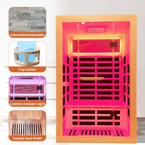 Image of OUTEXER Infrared Sauna 2000W Wooden Saunas Home Spa Room Canadian Hemlock Wood Low-EMF Indoor Saunas with with Red Light Beauty Lamp for Two Person 74.8 * 47.2 * 41.3Inch