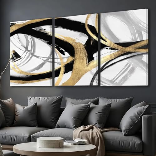Image of DUWQU Triptych Black Gold White abstract Lines Canvas Wall Art 24x36 in x3 | Wooden frame, UV-resistant ink, Giclee printing process, Pre-installed hooks make it easy to hang home or office wall decor