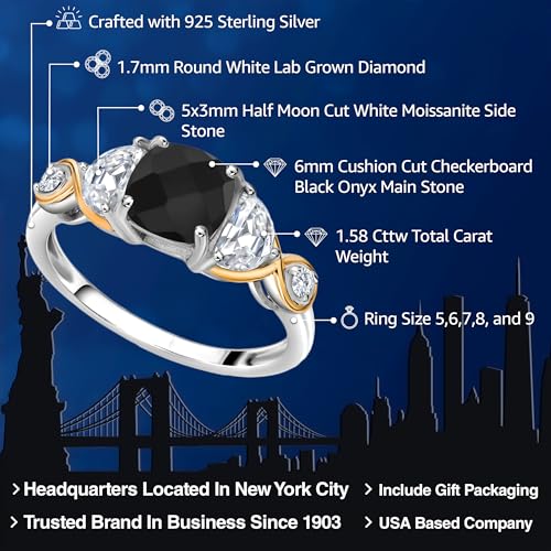 925 Silver and 10K Yellow Gold Cushion Onyx Half Moon Moissanite and Lab Grown Diamond 3-Stone Engagement Ring For Women (1.58 Cttw, Gemstone Birthstone, Available In Size 5, 6, 7, 8, 9)2