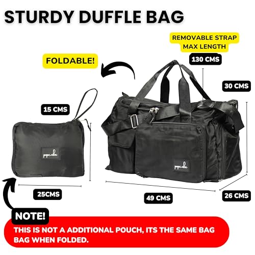 Image of POPCUBE 2in1 Nylon 26cm Lightweight Waterproof Bucket Duffle Bag with Shoulder Straps, Small Rucksack Travel Bag for Men & Women with Wet Pocket & Shoe Compartment (45x26x26 cm) (Style 2, Black)