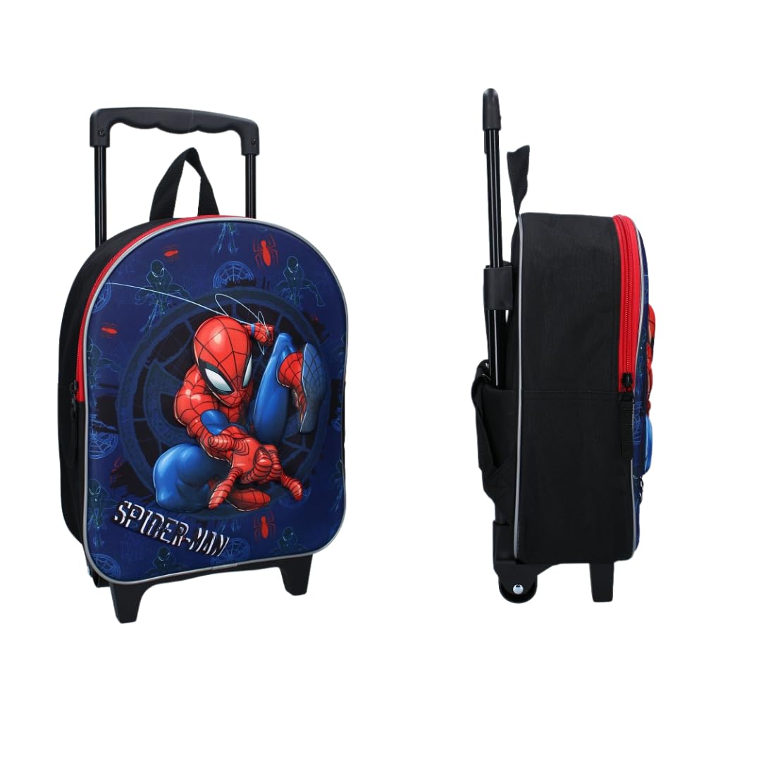 mybagstory Mochila 3D con ruedas Spiderman azul para niños y niños - Trolley - Escuela - Guardería - Niño - Talla 32 cm - Correas ajustables - Ruedas - Idea de regalo, Spiderman - Azul, Clásico