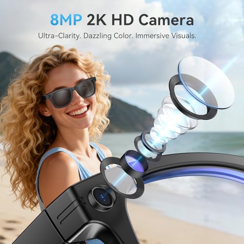 Image of AI Smart Glasses with Camera and Bluetooth,8MP 2K HD Camera Glasses,AI Voice Control,AI Photo Recognition and Translation,Smart Anti-Blue Light Glasses,IP67 Waterproof for Driving,Outdoor,+2 Lenses.