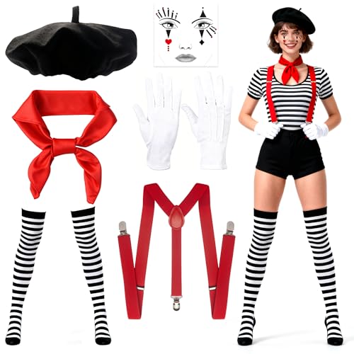 Pantomime Kostüm Damen Herren, Faschingskostüme Clown kostüm Damen, 6 Stück Karneval Kostüm mit Baskenmütze Schal Handschuhe Tattoo Socken und Hosenträger Mottoparty Halloween Karneval Cosplay