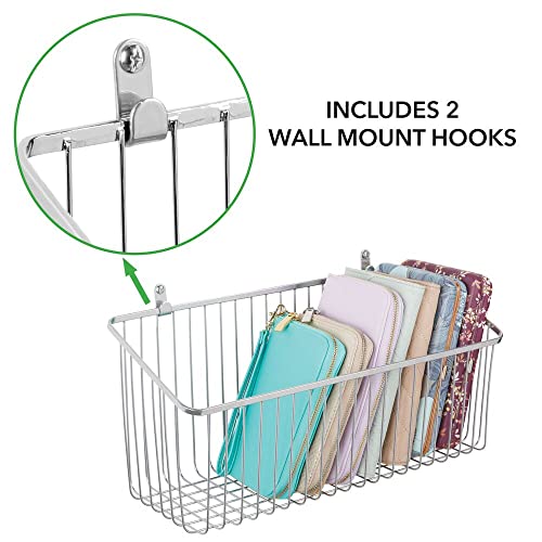 Mdesign Portable Metal Farmhouse Wall Decor Angled Storage Organizer Basket Bin For Hanging In Entryway, Mudroom, Bedroom, Bathroom, Laundry Room - Wall Mount Hooks Included, Large - 2 Pack - Chrome #TOP2