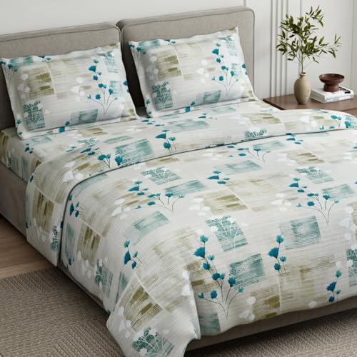 Image of Haus & kinder Double Bedsheet for Queen Size Bed | 90 x 100 Inches 144 TC Cotton Bedsheet for Double Bed with 2 Pillow Covers - Aqua Meadow Blue
