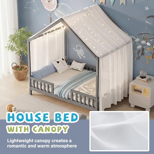 Image of Full Size Wood House-Shape Platform Bed with Roof Frame and Canopy, Montessori Floor Bed with High Railings and Slat Support for Kids Girls Boys, No Box Spring Needed (Grey-05, Full)