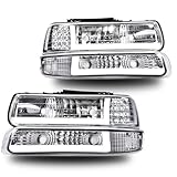 G-PLUS LED DRL Headlights Assembly,Fit For 1999-02 Chevy Silverado 1500 2500/2001-02 Silverado 1500HD 2500HD 3500/Fit 2000-06 Chevy Suburban 1500 2500 Tahoe,Clear Lens Chrome Housing Clear Reflector
