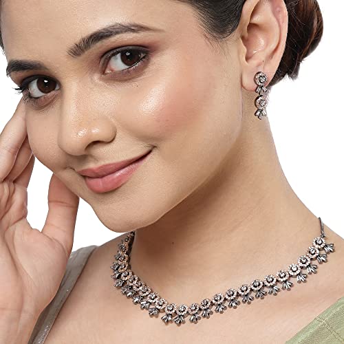Image of ZENEME Women American Diamond Studded Necklace With Earring Detailing Jewellery Set For Women and Girl