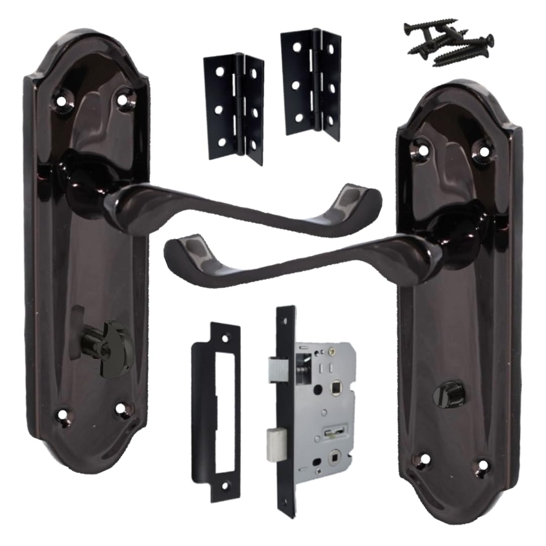 Ashford Handle Latch Lock Bathroom Door Handles Black Nickel, Pair of 3" Hinges & Latches / Lock Pack Sets 168mm x 47mm Backplate, Vic Scroll Lever Interior Wooden Doors (Bathroom Pack)