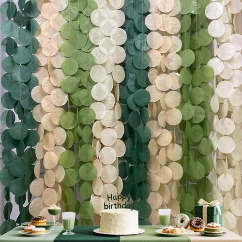 Image of 205 Ft Sage Green Party Decorations Oilve Green and Beige Circle Dot Backdrop Garland Tissue Paper Polka Dots Hanging Streamer for Birthday Wedding Engagement Bachelorette Neutral Party Supplies