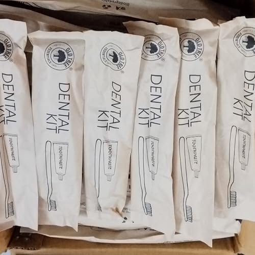 Image of Old Tree Hotel Dental Kit in Bio-Degradable Kraft Paper Pouches - (Pack of 100) - Includes 1 Manual Toothbrush & 8g Toothpaste | Eco-Friendly | Guest Amenities for Hotels, Guest Room Amenities Resorts, Guest Houses