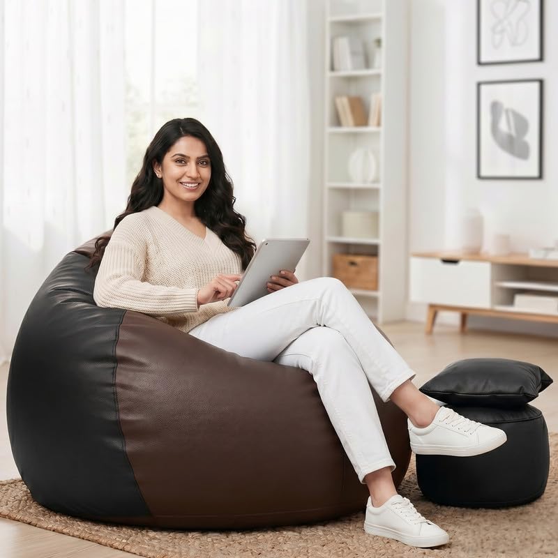 Image of Biggie Bean Bag 4XL Bean Bag Chair with Beans Filled - The Classics Bean Bag Sofa - Combo Set-Styled for Elegance with Free Cushion & Footrest (Matching Color : Xivex Brown-Black)