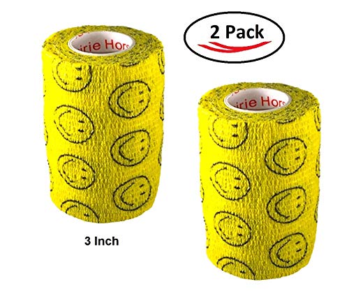 Image of Vet Wrap Wrap Tape (Yellow with Smiles) (2 Pack) (4 Inch x 15 feet) Self Adhesive Adherent Adhering Cohesive Flex Self Stick Bandage Grip Roll Dog Cat Pet Horse