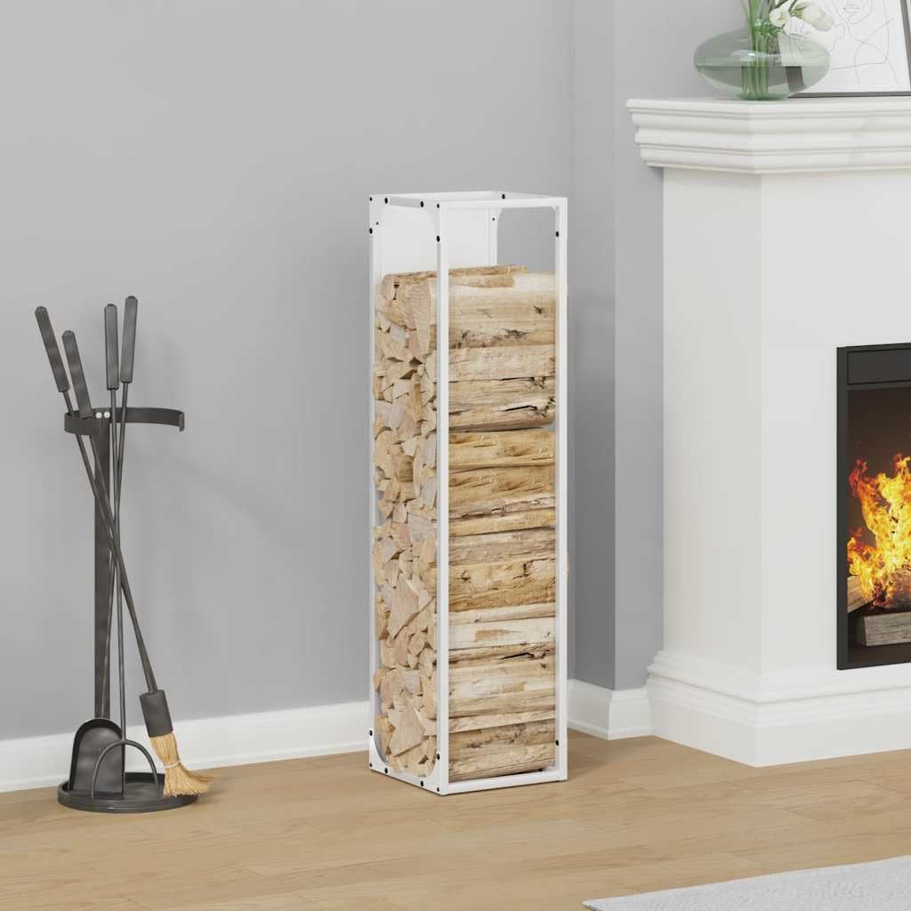Estantería para leña blanca de acero laminado en frío, 25 x 25 x 100 cm, 100 kg de carga, leña para chimenea, soporte para leña para interior, salón, chimenea, horno y almacenamiento en seco