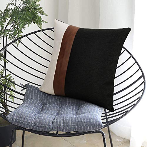 Cygnus Set Of 2 Faux Leather And Linen Throw Pillow Covers 18X18 Inch Black And White Modern Decorative Accent Cover For Couch Sofa,Black #TOP2