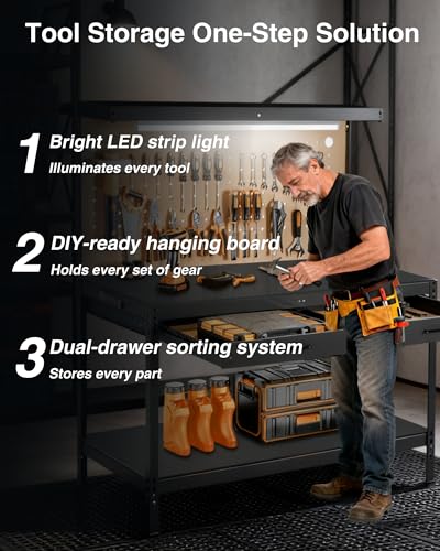 Image of Pterying Work Benches for Garage, 3-Tier, A3 Steel | For Garage, Workshop & Basement, 2 Drawers, 4 AC Outlets, 2 USB Ports, Pegboard, 12 Hooks, 600 LBS