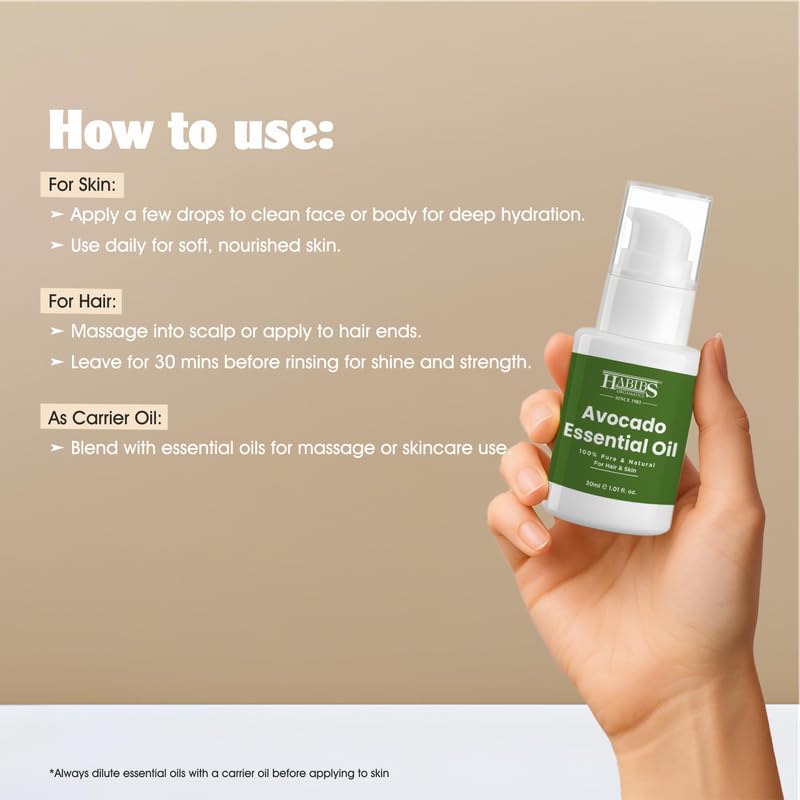 Image of Habibs Pure Avocado Carrier Oil - 100% Natural, Cold-Pressed for Deep Skin Hydration & Hair Repair 30ML