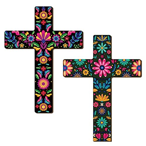 Pinkunn 2 Pcs Floral Cross Wall Decor Mexican Cross Decor Hand Painted Wood Wall Art Mexican Wall Art Spanish Style Crucifix Wall Cross for Home Room Church Decoration (8.7 x 11.8 inches)