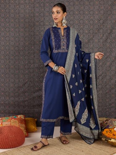 Image of INDO ERA Women's Pure Cotton Ethnic Motifs Printed Straight Kurta & Pant with Dupatta Set (IESTR11821)