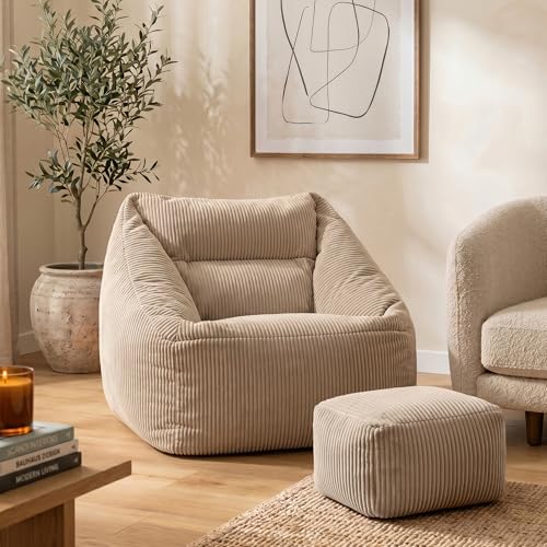 Icon Natalia Sitzsack Sessel mit Hocker für Erwachsene, Beige, Flauschiger Cord Stoff, Riesen...