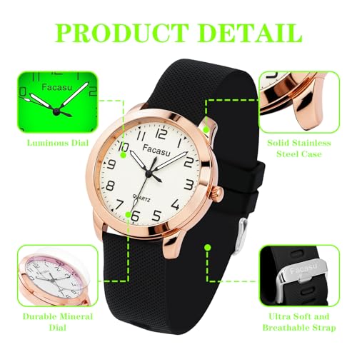 Analog Watch for Girls Ladies Women,Waterproof Simple Casual Luminous Dial Quartz Watch with Comfortable Soft Strap Easy to Read for Teen Girls Student Ages 12+(Black)2