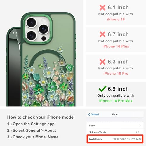 Image of Magnetic for iPhone 16 Pro Max Case with for Women, Green Floral | Pretty Oil Painting Flower Pattern Design [Compatible with MagSafe] Shockproof Slim Translucent Matte Non-Slip Cover