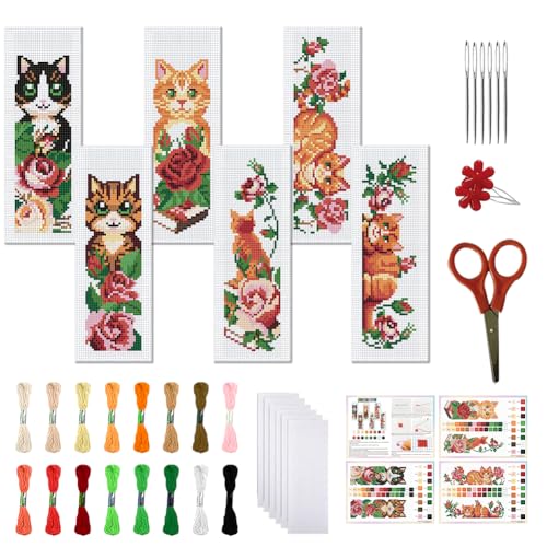 Image of FREEBLOSS 6 Set Cat Cross Stitch Bookmark Kits Rose Pattern Stamped Cross Stitch Kit DIY Embroidery Kit Bookmark Craft Kit with Instructions for Beginners 6x20cm