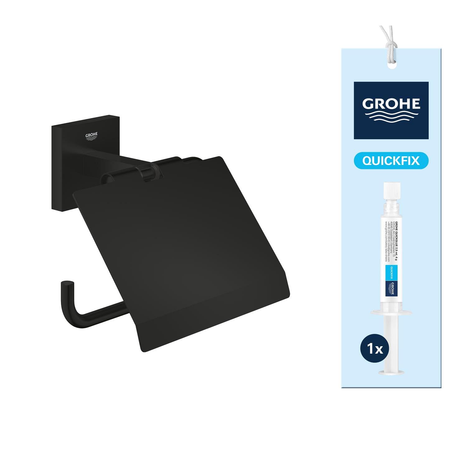 GROHE Lote Start Cube QuickFix - Portarrollos de Papel higiénico con Tapa + A1 QuickGlue (Metal, Montaje en Pared, fijación Oculta, Incluye Tornillos y Tacos), tamaño 111 mm, Negro Mate, 411022430