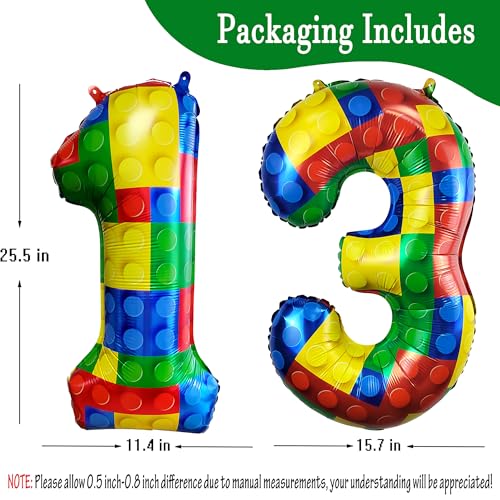 Image of 32 Inch Building Block Number 13 Balloons birthday Block Themed Large Big Helium Foil Mylar Balloon for Girls Boys Birthday Party Decoration Supplies