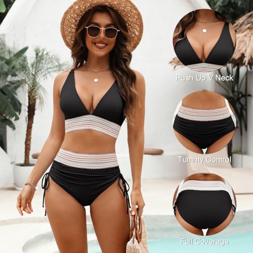Adisputent Womens High Waisted Bikini Sets Color Block Swimsuit V Neck Tummy Control Swimwear Drawstring 2 Piece Bathing Suit2