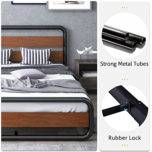 Sha Cerlin Queen Size Bed Frame With Wooden Headboard And Footboard, Heavy Duty Oval-Shaped Platform Bed With Under-Bed Storage, Noise Free, No Box Spring Needed, Walnut #TOP4
