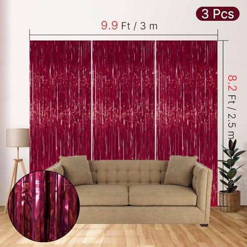 Image of PartyWoo Burgundy Streamers Fringe Curtain Backdrop 3pcs 8.2 ft Red Tinsel Foil Backdrop for Baby Shower Graduation Birthday Girls Mothers Day Casino Firefighter Red Carpet Cherry Party Decorations
