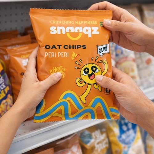 Image of Snaaqz Oat Chips Peri Peri Flavour | Crunchy & Spicy Baked Snack | Palm Oil Free | Vegetarian Healthy Snack Chips (Pack of 3)
