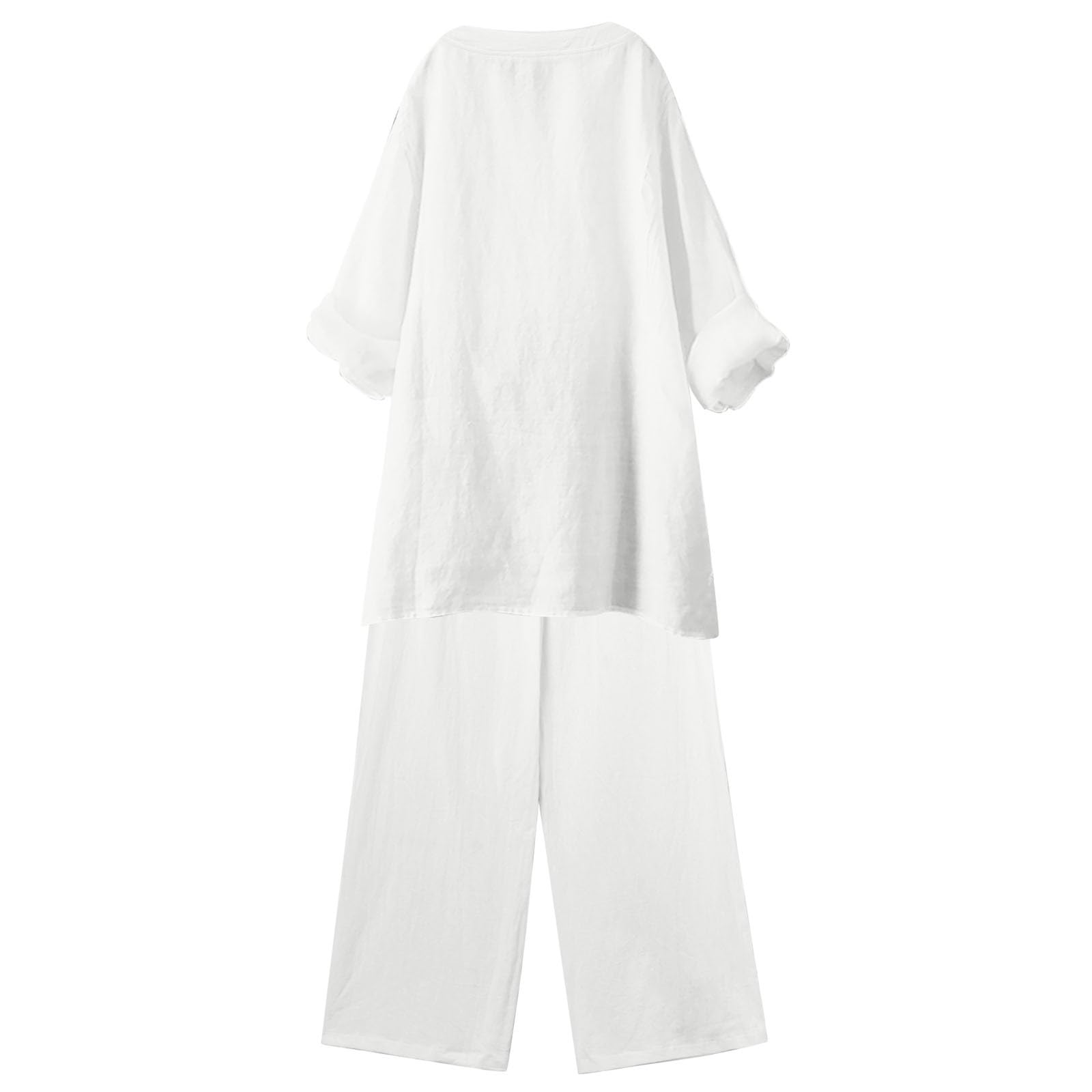 Traje de pantalón para mujer, elegante, 2 piezas, ropa de verano, conjunto de 2 piezas, blusa, camiseta y pantalones largos, traje de ocio, informal, monocolor, traje de lino