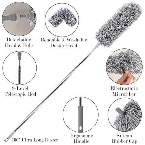 Image of Upgraded Long Handle Extendable Microfiber Duster with Telescopic Metal Handle, Detachable Dust Cleaning Brush for Sofa, Table, Cabinet, Shelf, Ceiling Light and Air Conditioner