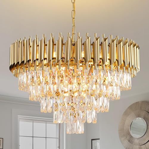 Image of Manraj Modern Crystal Chandelier, 600 mm Round, 5-Tier Pure Gold, K9 Crystal Ceiling Light Fixture for Living Room and Hallway (Pure Gold, 600mm)