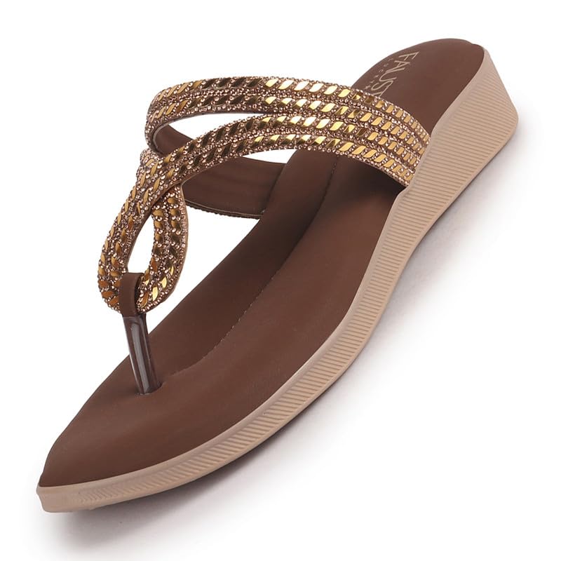 Image of FAUSTO Women T-Strap Slip On Ethnic Sandals with Rhinestone Strap | Wedge Ortho Slip-On Slippers | Perfect for Wedding, Festive Outfits