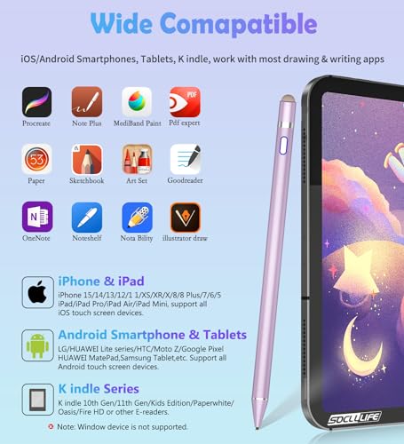 Image of Active Stylus Pen for Touch Screens, Dual Pen Tips for iOS & Android Drawing & Writing, High Precise Rechargeable Pencil for A-pple i-Phone 17 /16 /15 /14 /13 /12, i-Pad, Phone, Tablet, Sam-Sung, Purple