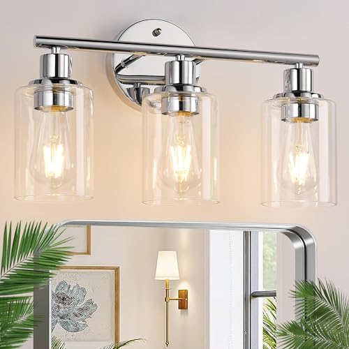 3-Light Bathroom Light Fixtures, Chrome Bathroom Wall Lights, Modern Bathroom Vanity Light with Clear Glass Shade, Bathroom Wall Lamp for Mirror Kitchen Living Room Hallway Cabinet