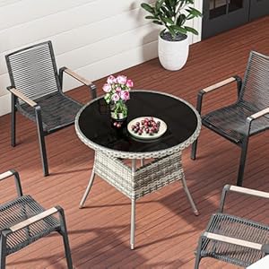 YITAHOME 31.5" Patio Table for 4-Person, Outdoor Patio Wicker Round Dining Table, All-Weather Rattan Bistro Dining Table w/Glass Tabletop for Backyard Deck Porch Poolside, Gray YITAHOME 315 Patio Table for 4 Person Outdoor Patio Wicker Round Dining Table All Weather Rattan Bistro Dining Table wGlass Tabletop for Backyard Deck Porch Poolside Gray